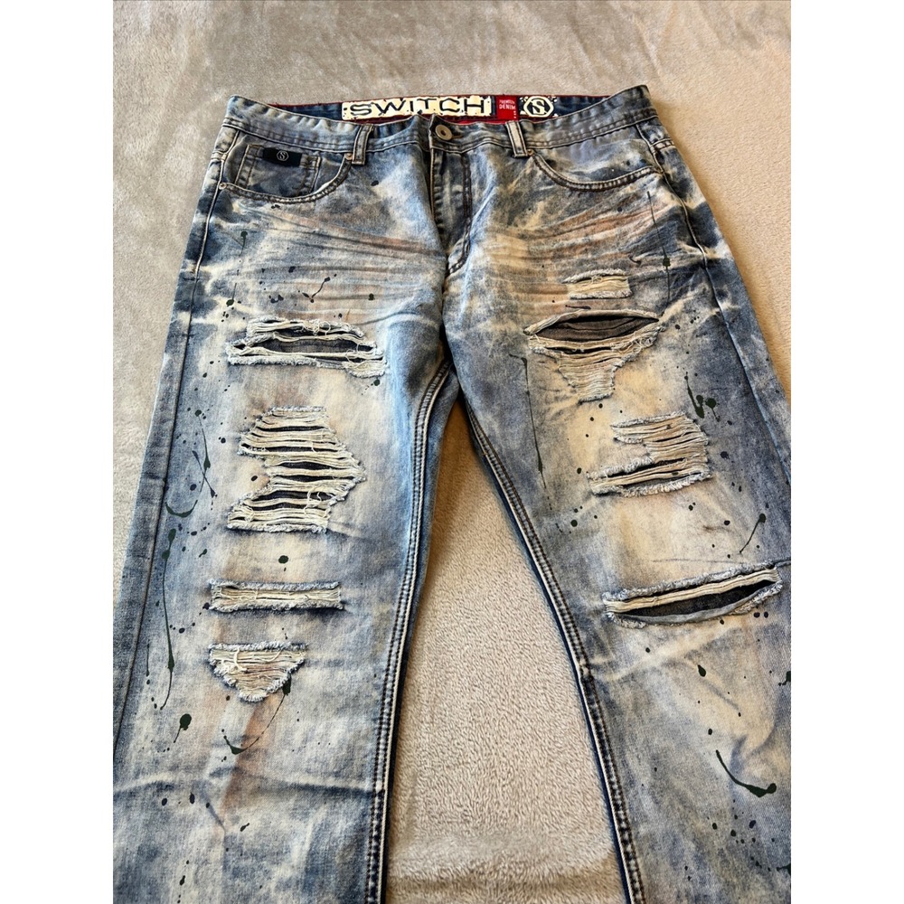 Switch Jeans Mens 38x32 Blue Distressed Paint Splatter Acid Wash Denim